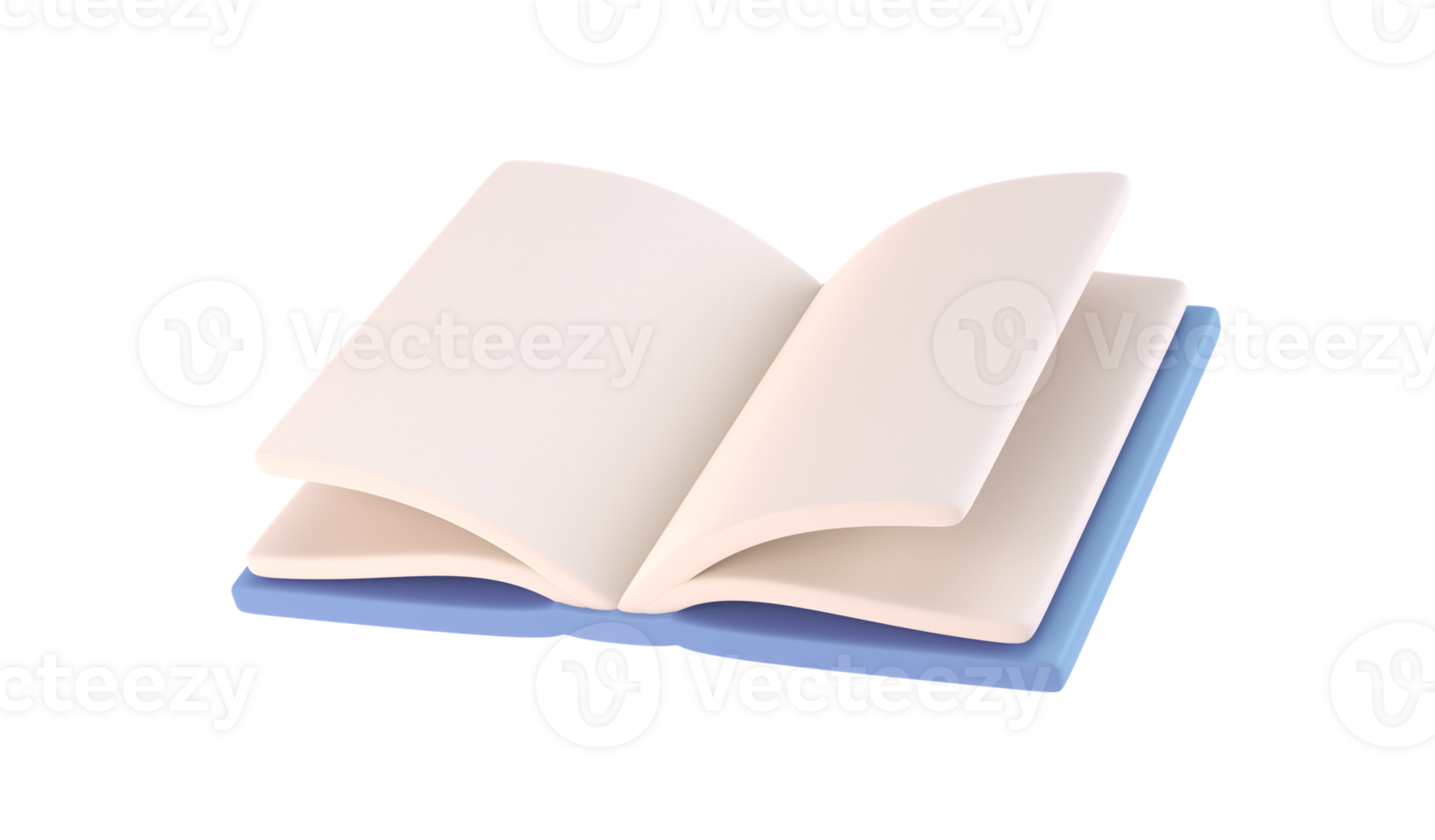 3d icon open book school, diary with white paper blank pages and bookmark. Cartoon minimal style transparent png