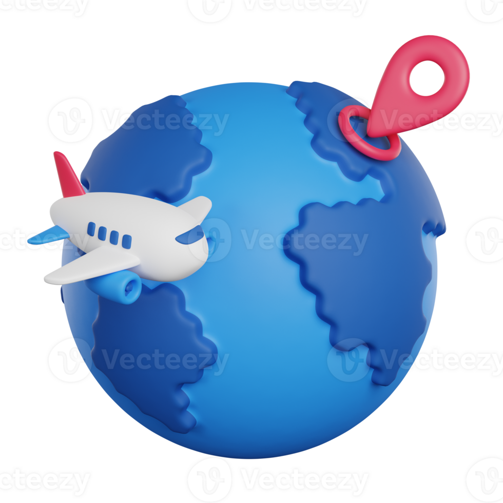 A plane flies around the planet, 3D render icon png