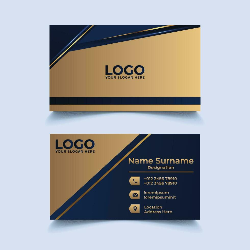 Elegant Template Luxury Business Card. Gold Background and Navy blue abstract geometric shapes vector illustration.