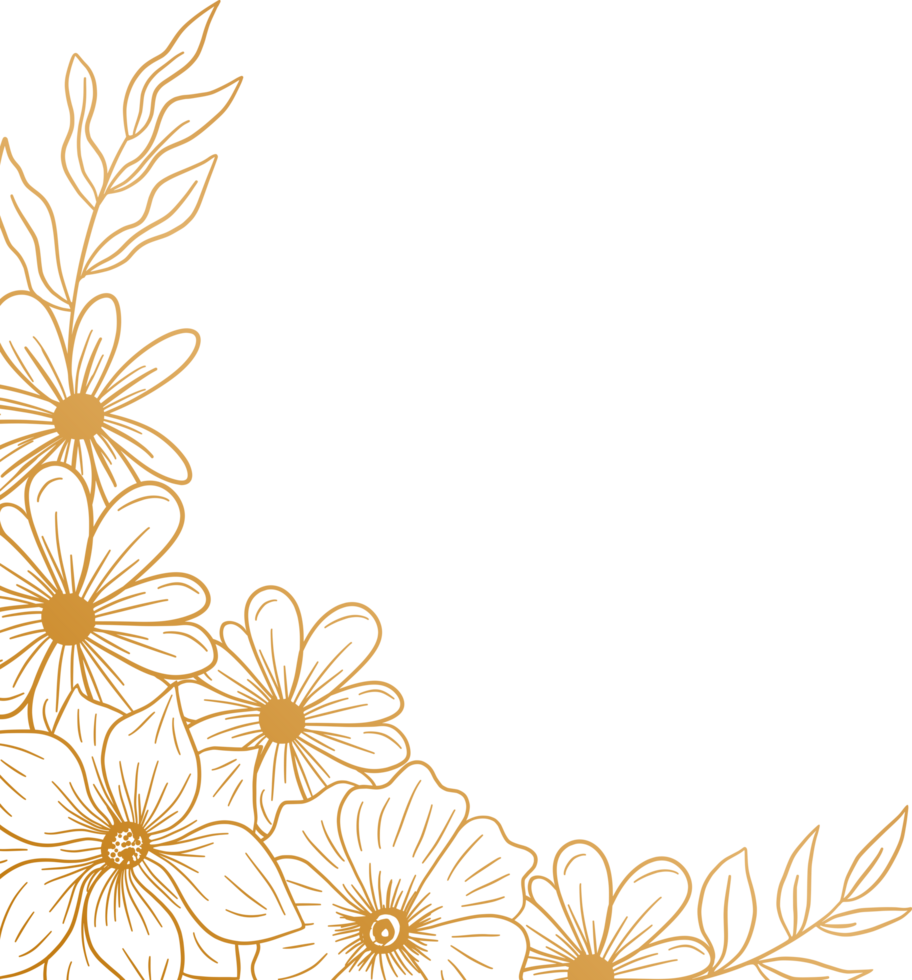 Gold floral corner border with hand drawn leaves and flowers for wedding or engagement png
