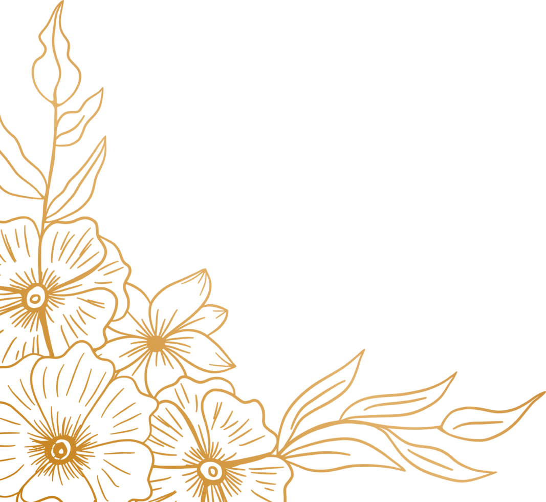 Gold floral corner border with hand drawn leaves and flowers for wedding or engagement png