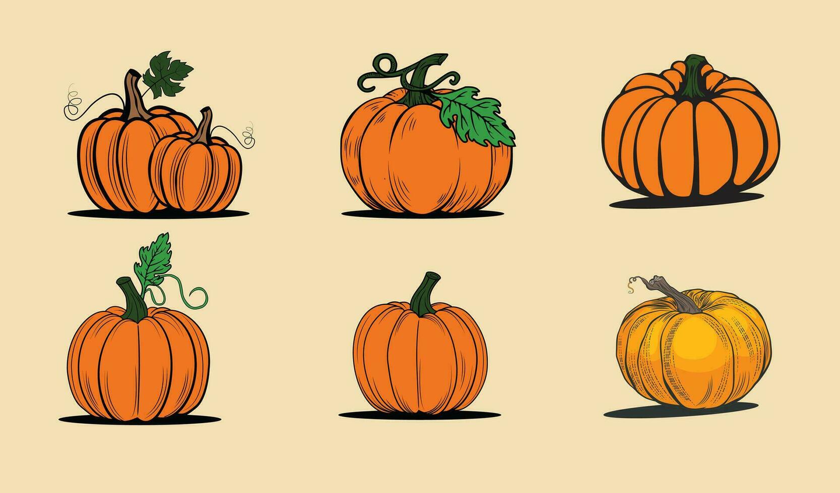 pumpkins in vector with set for icons and decorations in yellow background. Vector illustration.