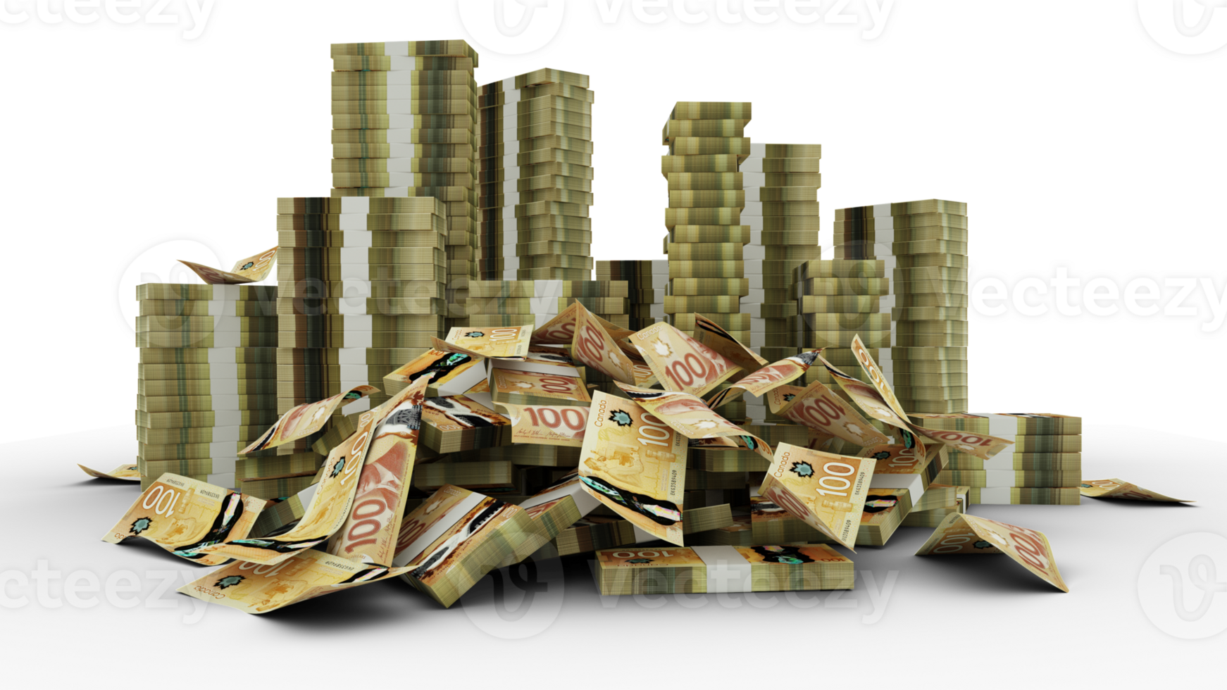 Big stacks of Canadian dollar notes. A lot of money isolated on transparent background. 3d rendering of bundles of cash png