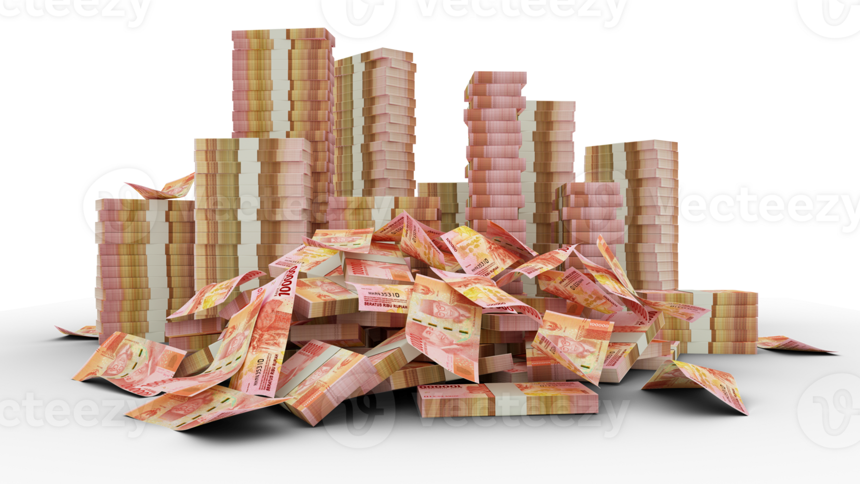 Big stacks of 100000 Indonesian rupiah notes. A lot of money isolated on transparent background. 3d rendering of bundles of cash png