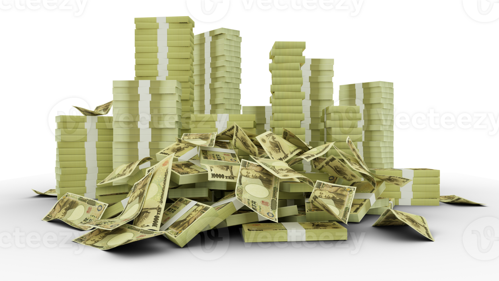 Big stacks of 10000 Japanese yen notes. A lot of money isolated on transparent  background. 3d rendering of bundles of cash png