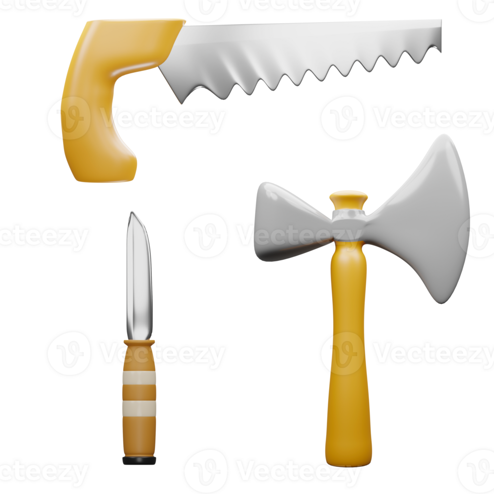 3d renderen van zaag, mes en bijl, camping apparatuur, gereedschap voor werken png