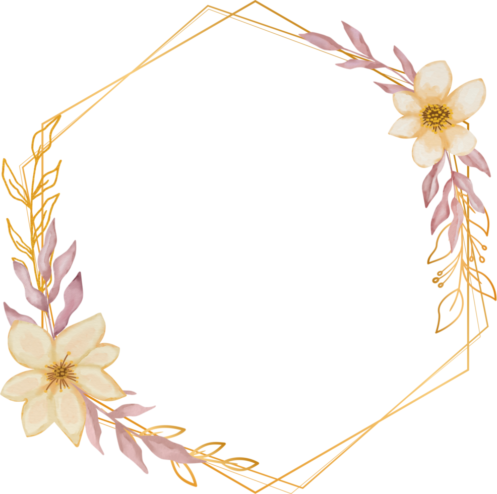 Flower and leaves on gold hexagon frame png