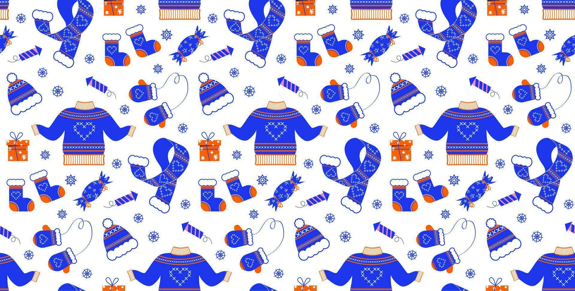 New Year pattern from winter clothes in flat style. Vector background with Christmas elements. For printing on packaging paper, fabric.