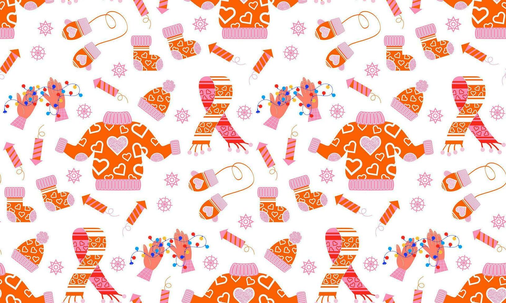 New Year pattern from winter clothes in flat style. Vector background with Christmas elements. For printing on packaging paper, fabric.