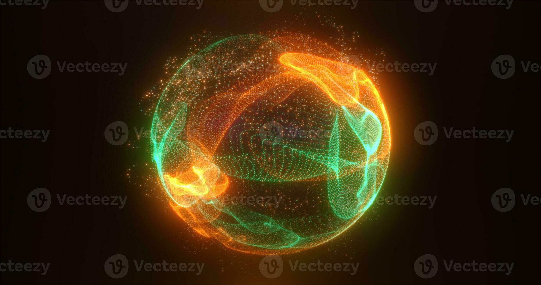 Abstract green orange energy sphere of particles and waves of magical glowing on a dark background photo