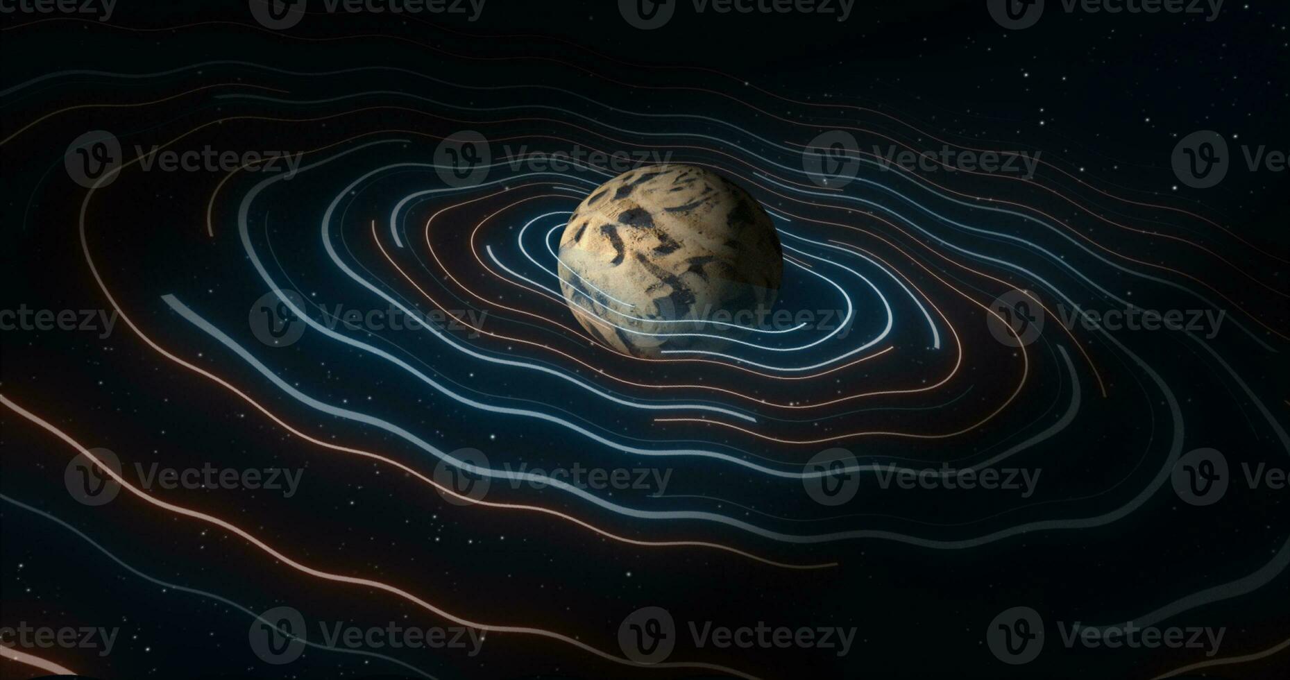 Abstract space planet with a round asteroid belt ring futuristic hi-tech on the background of stars in open space photo