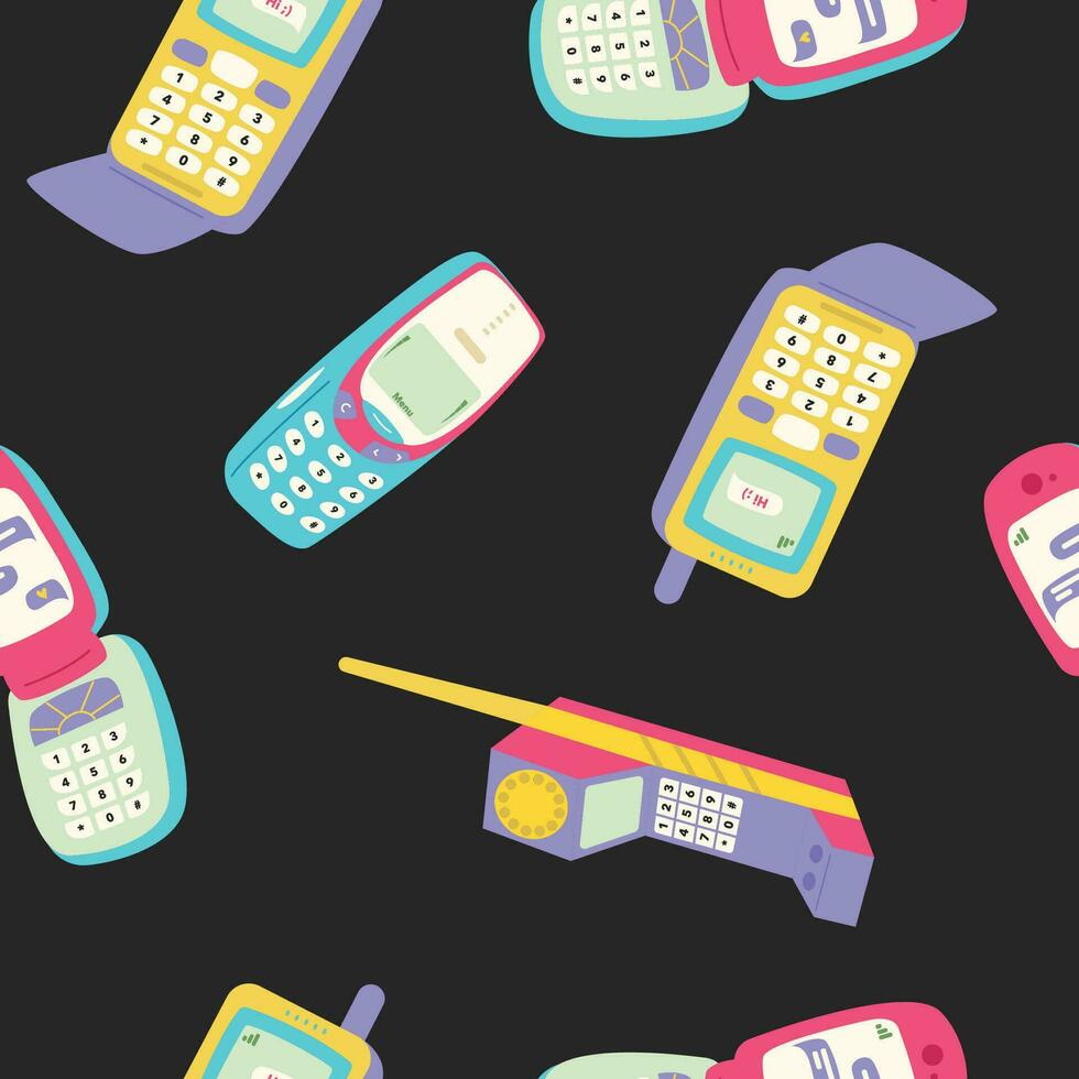 modelo con retro móvil teléfono dispositivos. móvil Los telefonos con botones. linda y elegante desde años 90 mano dibujado vector ilustración. Clásico electrónica. dar la vuelta teléfono