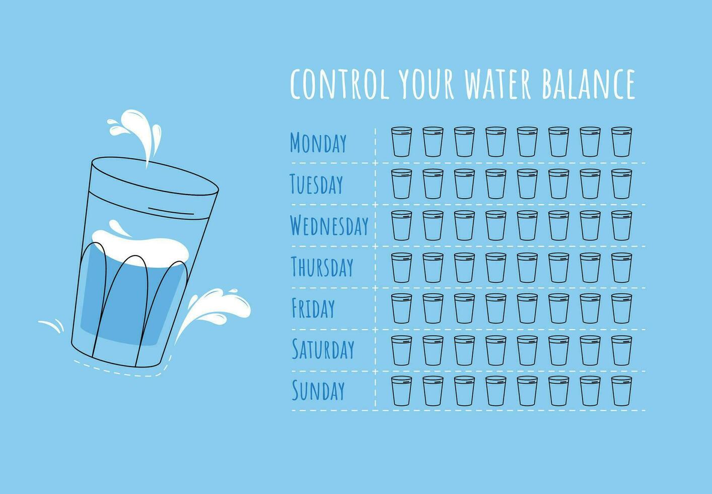 Water tracker vector template. Drinking water checklist. Water tracker with cool water glass. vector illustration. Doodle style. Flat style