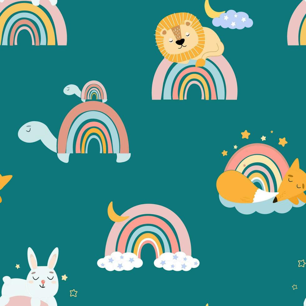 Seamless pattern with sleeping cute animals, rainbow, starry night sky. Abstract baby print. Vector graphics.