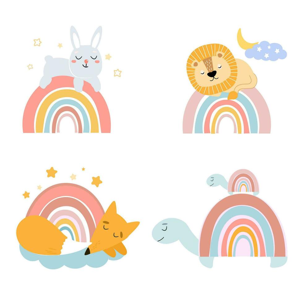 Set of baby images of sleeping animals. A lion, a rabbit, a turtle, a fox are sleeping on a rainbow against the background of stars and the sky. Cute vector graphics.
