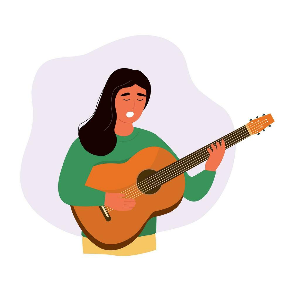 A young girl plays the guitar and sings. The musician performs solo. Vector flat graphics.