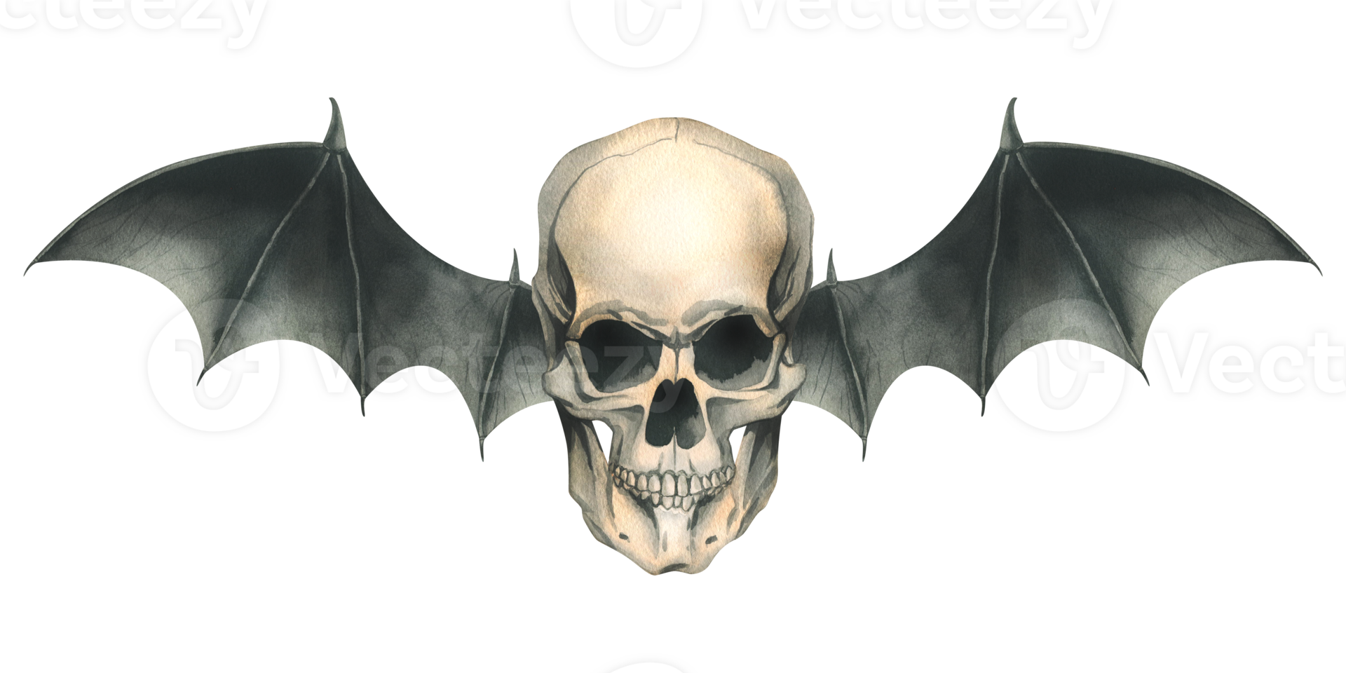 voorkant visie menselijk schedel met zwart knuppel Vleugels voor dood dag vakantie en halloween. waterverf illustratie, hand- getrokken. geïsoleerd samenstelling png