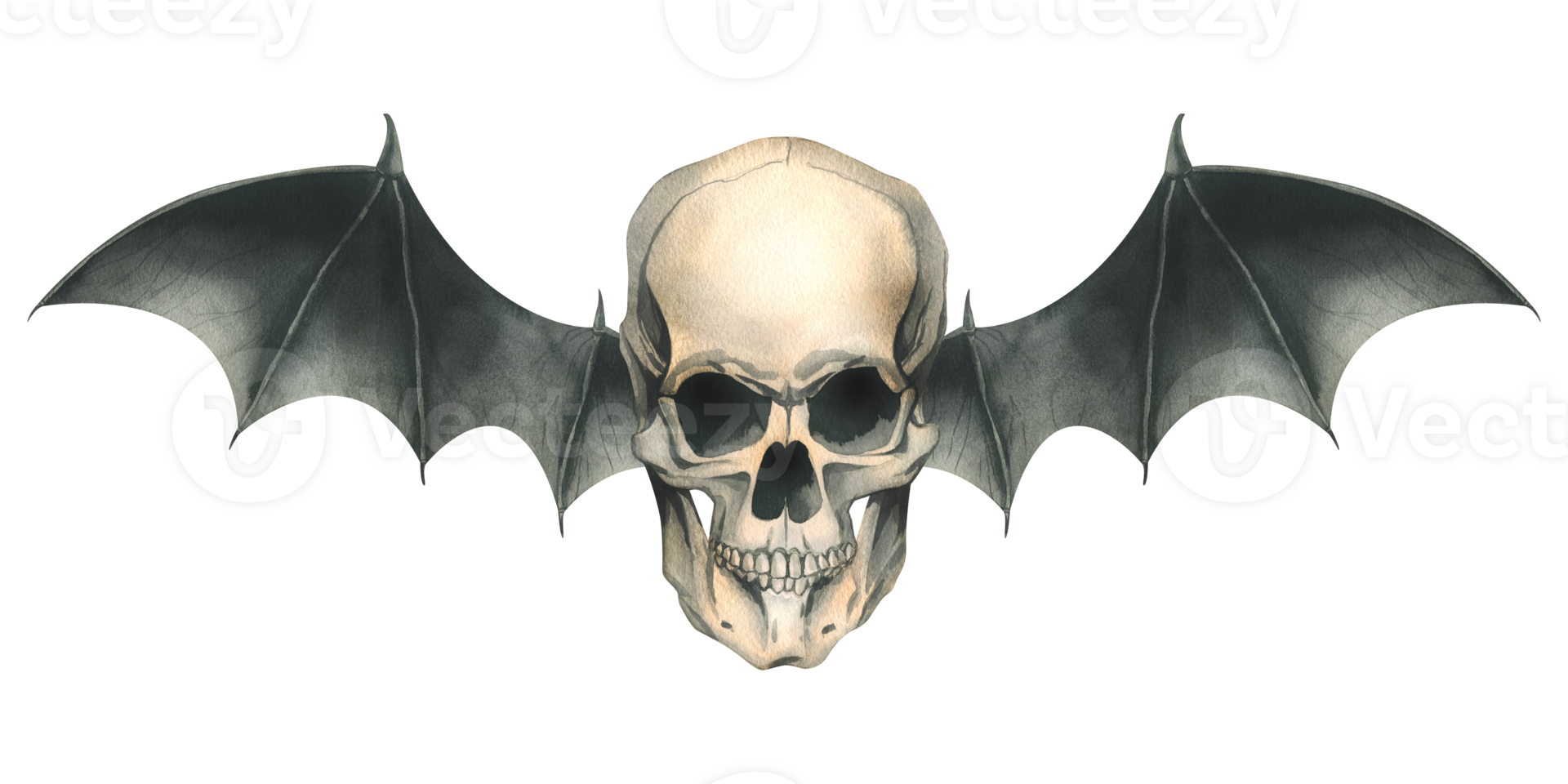 Front view human skull with black bat wings for death day holiday and halloween. Watercolor illustration, hand drawn. Isolated composition png