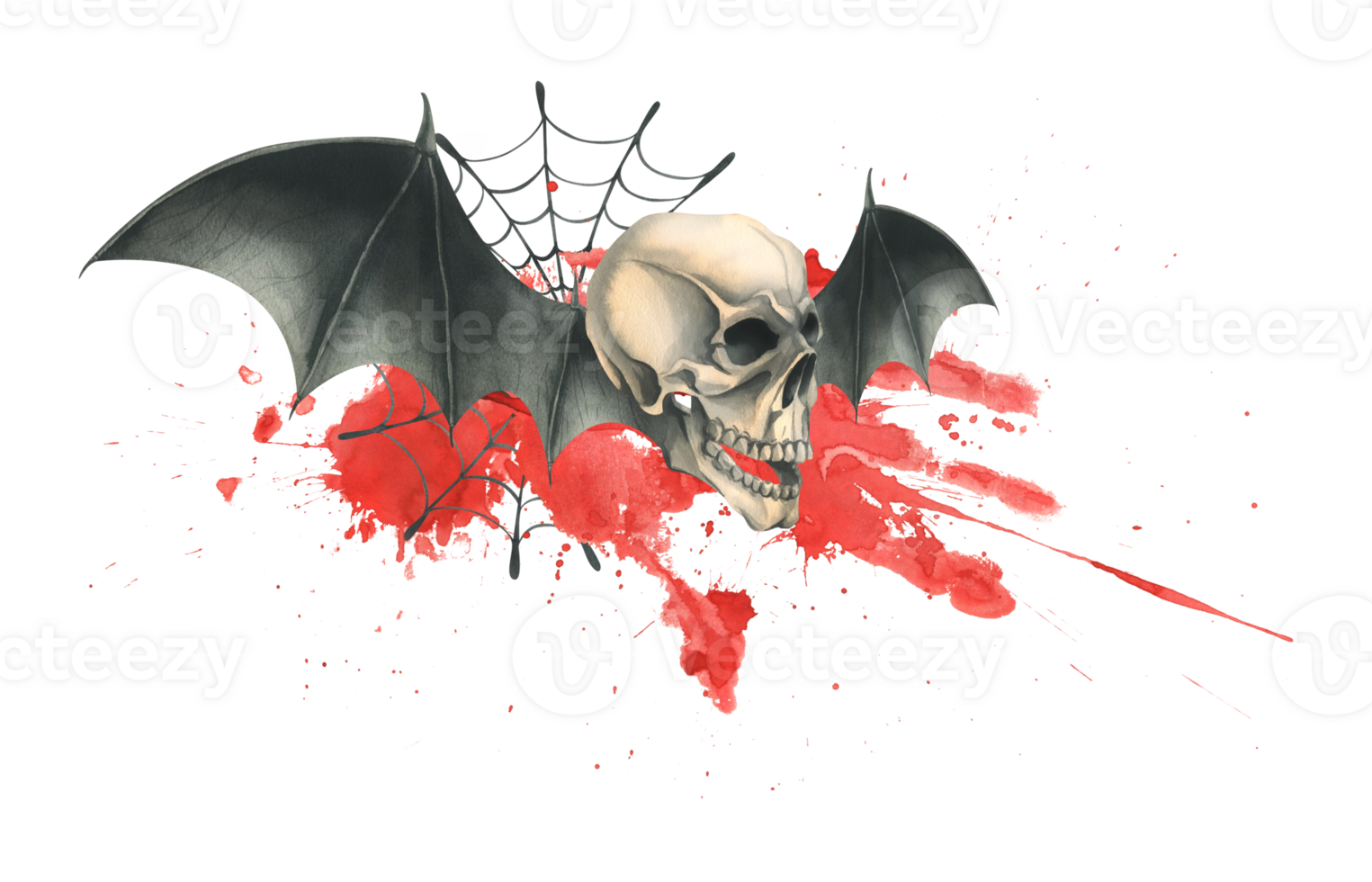 kant visie van een menselijk schedel met zwart knuppel Vleugels met een bloedvlek en spinnenwebben voor de vakantie van dood dag en halloween. waterverf illustratie, hand- getrokken. png