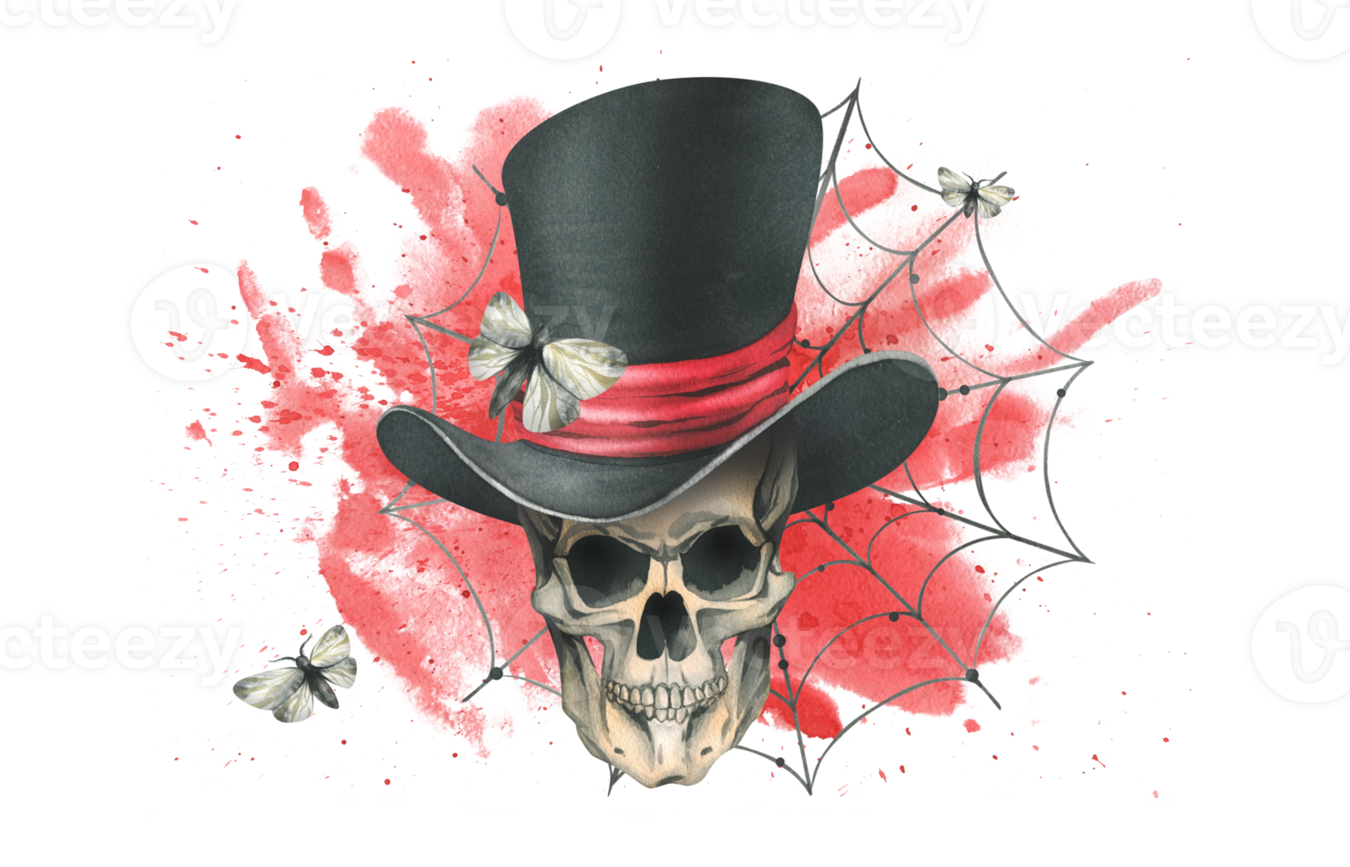 Human skull in a top hat with a moth, bloodstain and cobwebs for the holiday of Death Day and Halloween. Watercolor illustration, hand drawn. Isolated composition png
