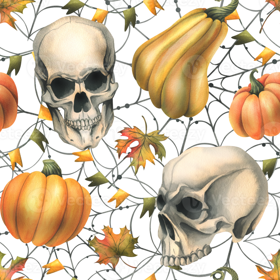 Human skull with orange pumpkins, cobwebs, garlands of flags and autumn leaves. Hand drawn watercolor illustration for Halloween and Day of the Dead. Seamless pattern png