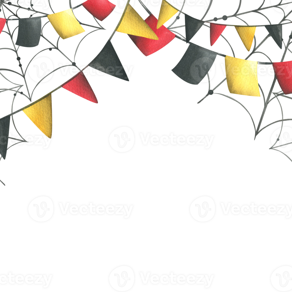 garlands with red, black and yellow flags are square and triangular with cobwebs. Hand drawn watercolor illustration for day of the dead, halloween, Dia de los muertos. Template png