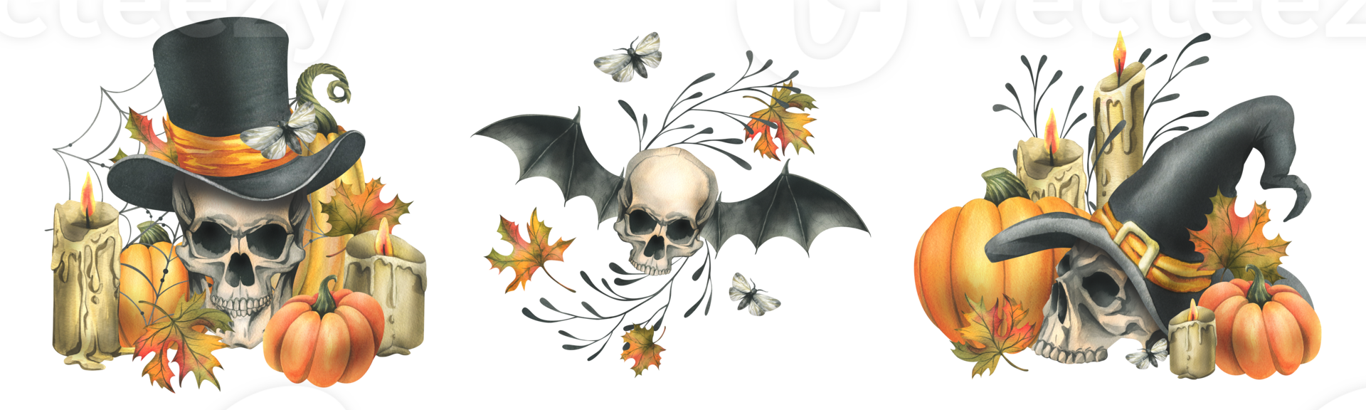 Human skulls in hats with bat wings, pumpkins, autumn leaves and candles. Hand drawn watercolor illustration for Halloween. Set of different compositions png