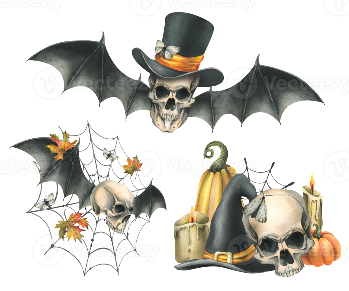 Human skulls in hats with bat wings, pumpkins, autumn leaves and candles. Hand drawn watercolor illustration for Halloween. Set of different compositions png