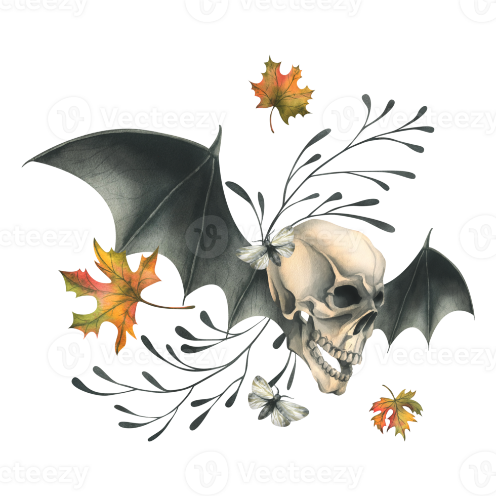 Human skull flying with bat wings, night moths and autumn maple leaves. Hand drawn watercolor illustration for Halloween. Isolated composition png