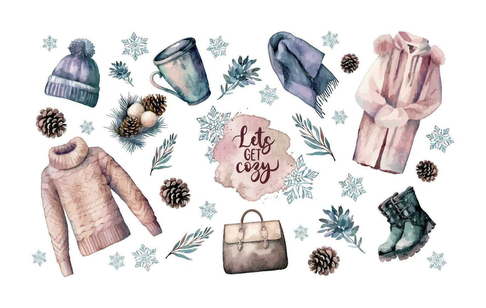 Watercolor set of simply abstract winter outfits, accessories and lettering. Vector illustration with winter colors. Use for banner, cards, invitations, web, social media, advertising and design