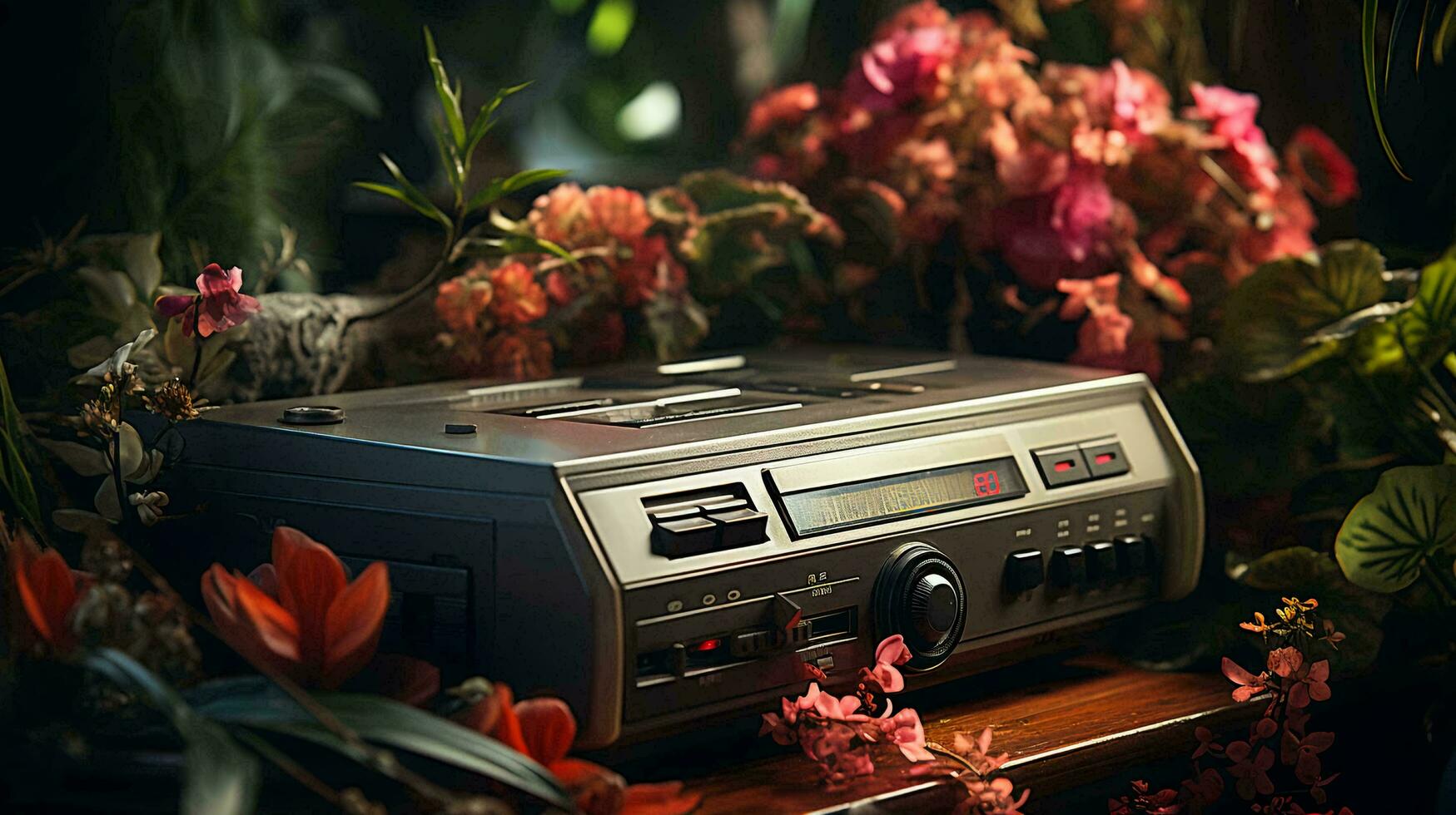 Old stylish vintage retro cassette video recorder poster from 80s 90s photo