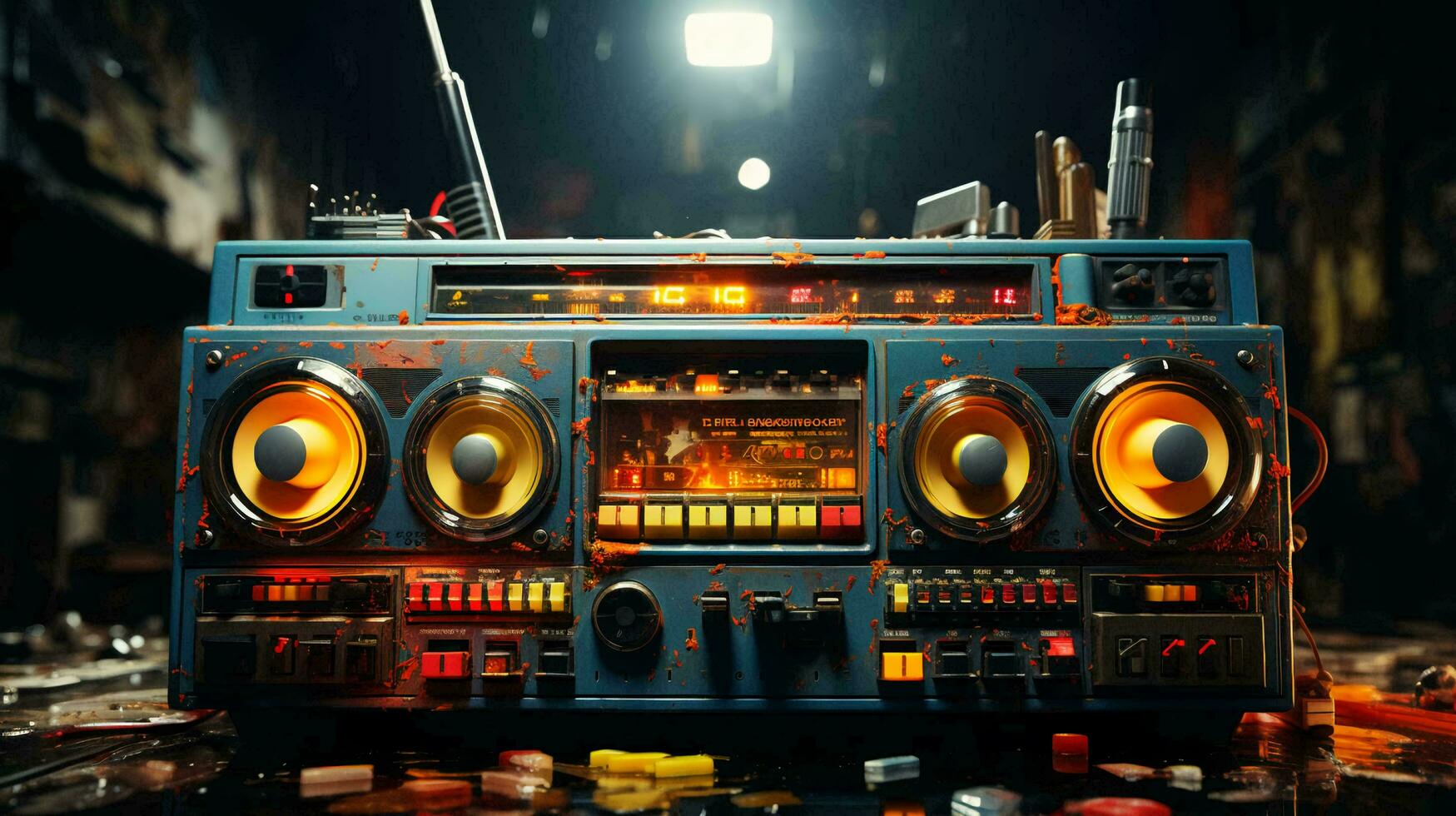 Old stylish vintage audio retro music cassette tape recorder poster from the 80s 90s photo