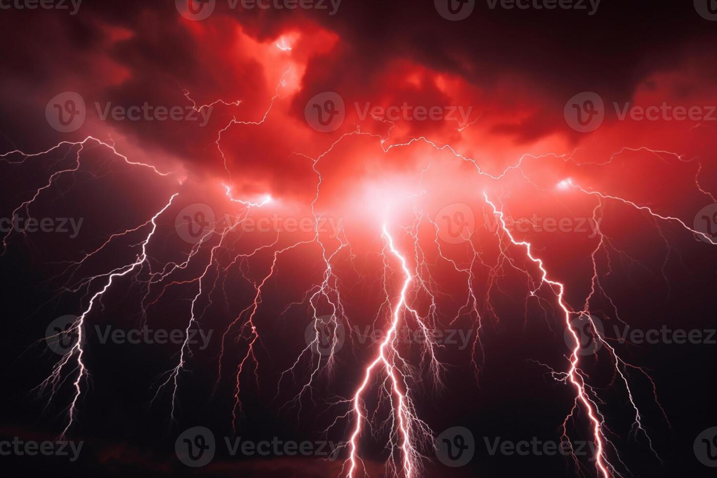 Dark, stormy sky ablaze with intense red lightning bolts. AI Generated