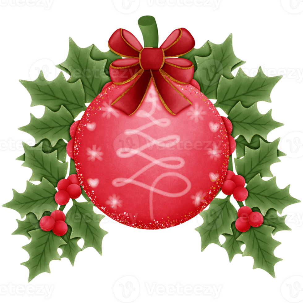 red christmas ball with bow holly berries and green leaves isolated on transparent background png