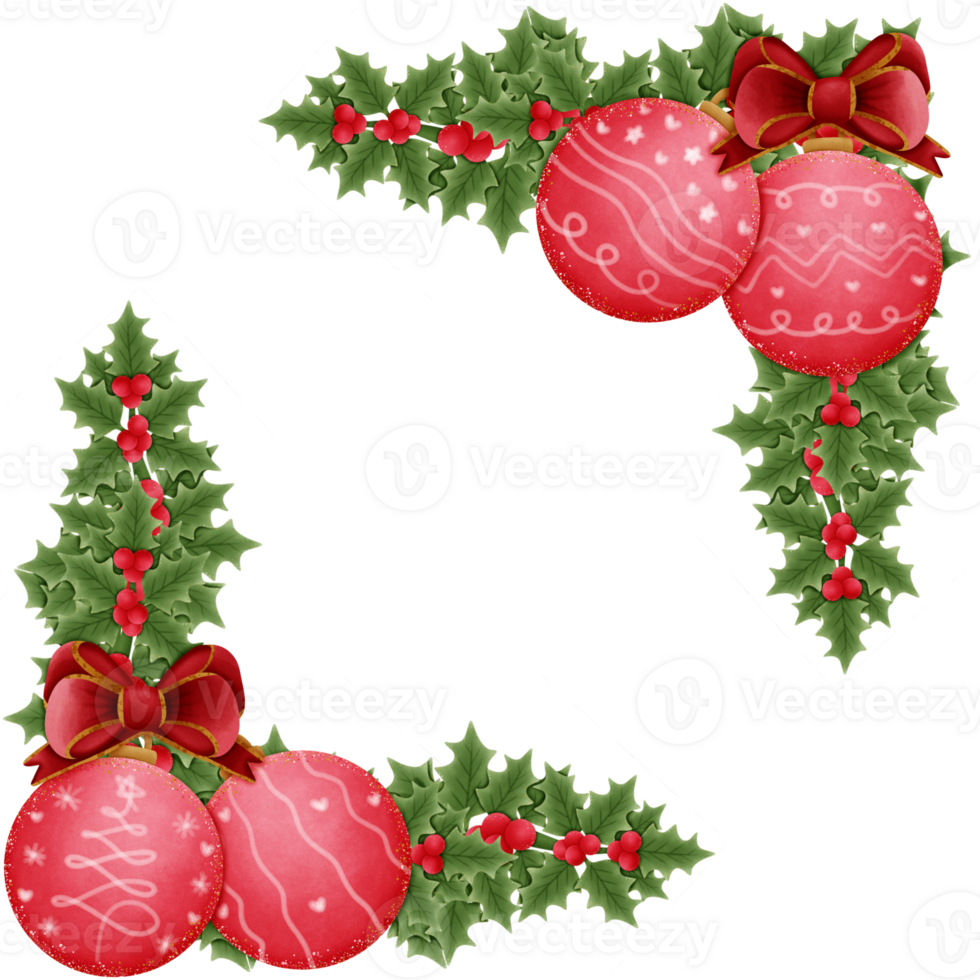 red christmas ball with bow holly berries and green leaves isolated on transparent background png