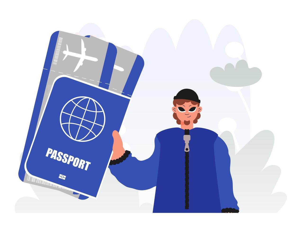 A man holding a passport and an airplane vector
