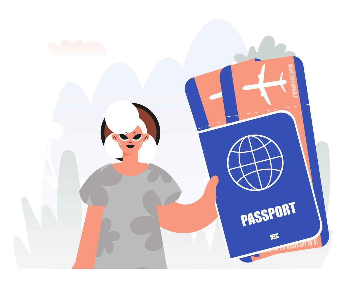 A woman holding a passport and a globe vector