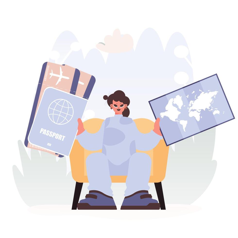 A woman is sitting in a chair with a map and a suitcase vector