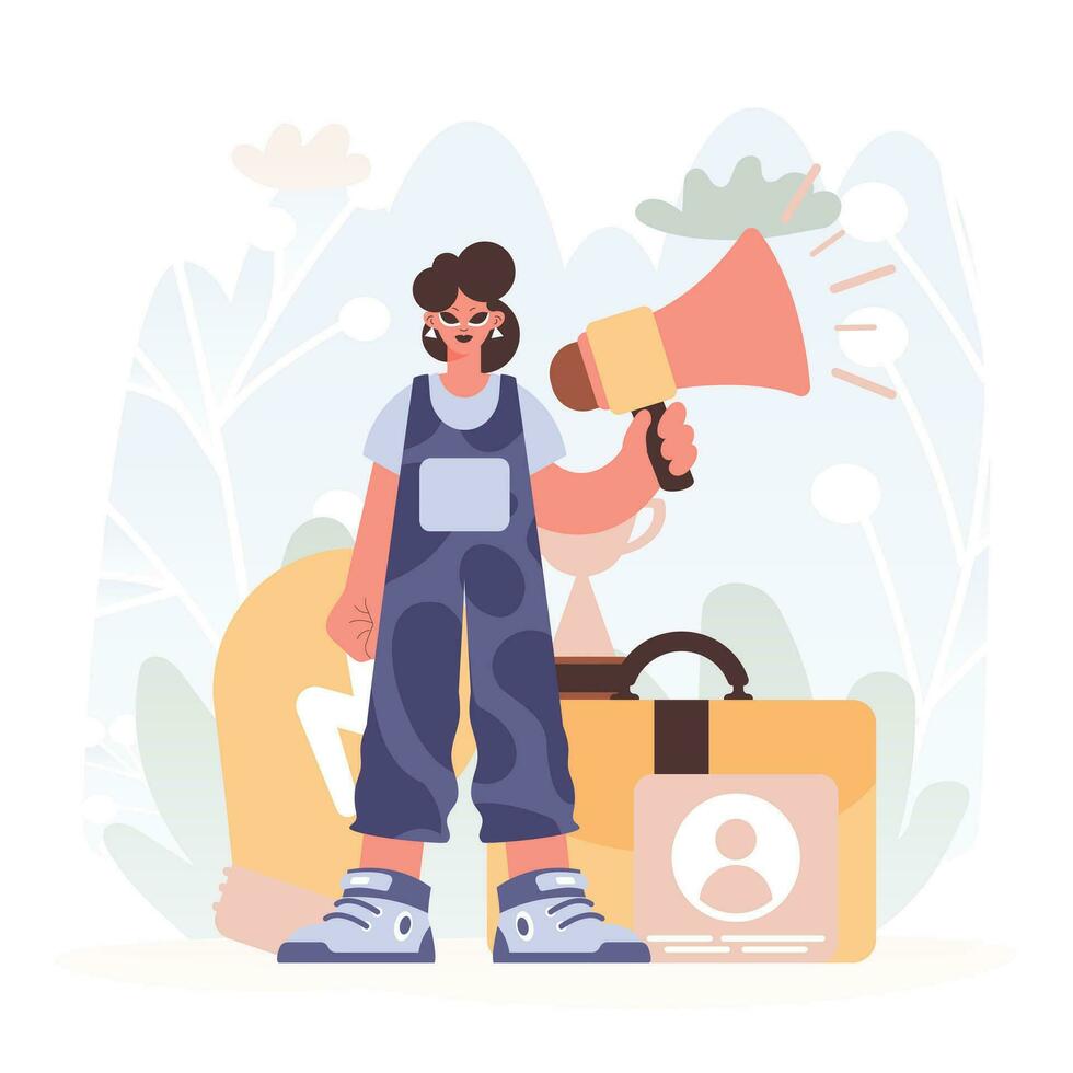 Lively woman Holding a Enhancer, Signaling Work Openings, Resonating with Career Needs and Locks in the Travel for the Idealize Work. vector