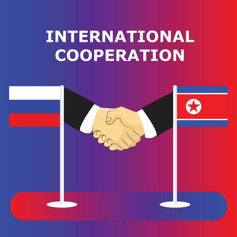Rusia y norte Corea cooperación sacudir manos vector estilo.
