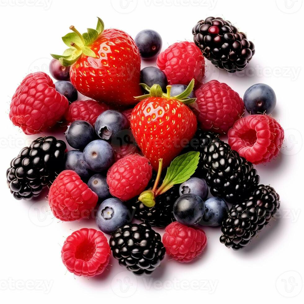Blackberry, raspberry, blueberry and strawberry isolated on white background photo