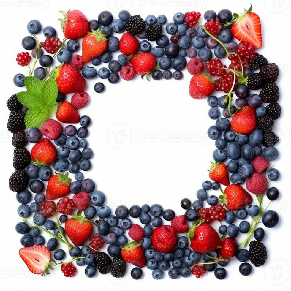 Berries frame on white background. Ripe strawberries, blueberries, currants and blackberries photo