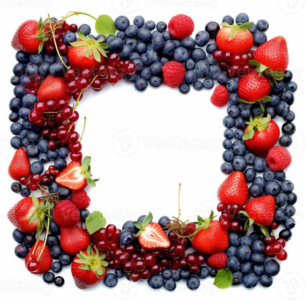 Berries frame on white background. Ripe strawberries, blueberries, currants and blackberries photo