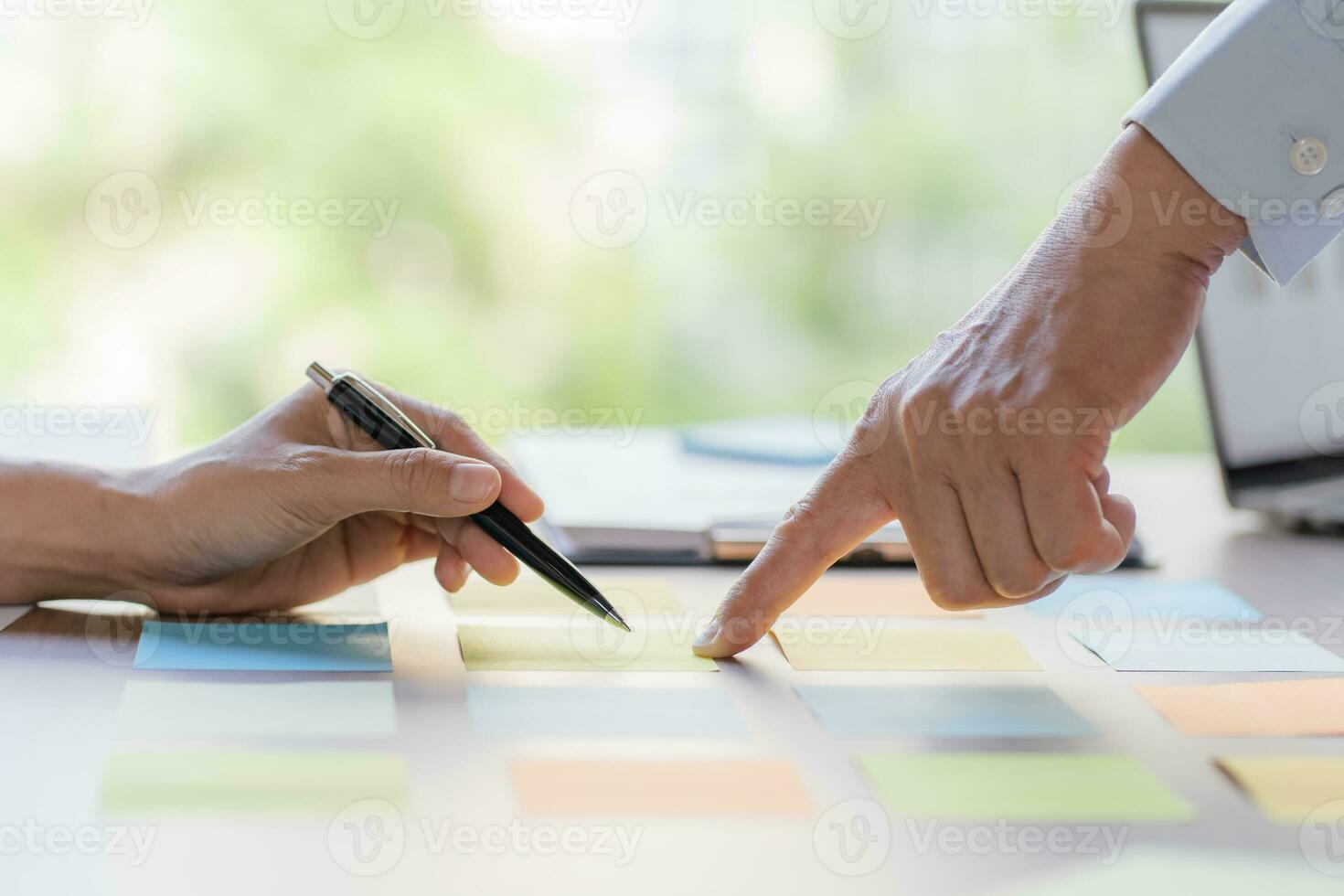 Business People brainstorming Meeting Design Ideas use post it notes to share idea professional investor start up project business brainstorming planning in office photo