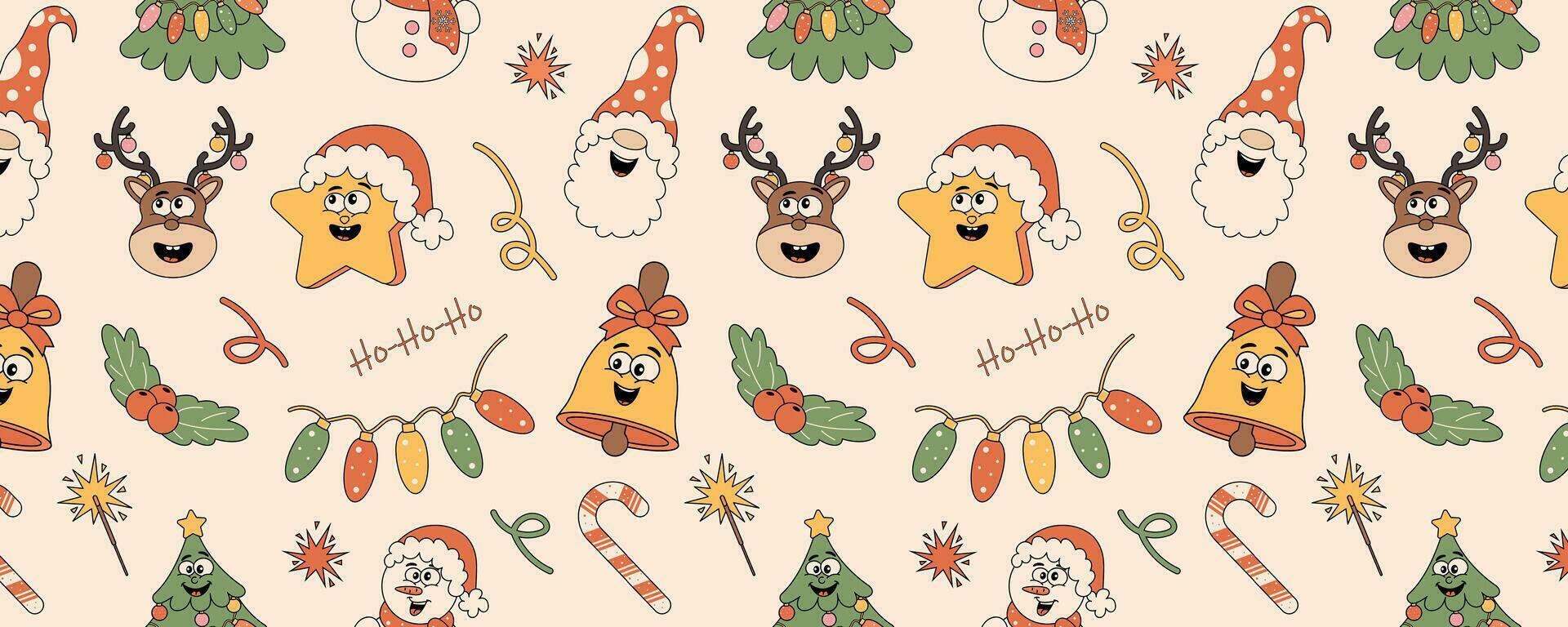 Merry Christmas and Happy New Year seamless pattern. Gingerbread, festive wreath, lollipop, Santa Claus in a groovy retro cartoon style. Vector illustration for textile, packaging, wallpaper.