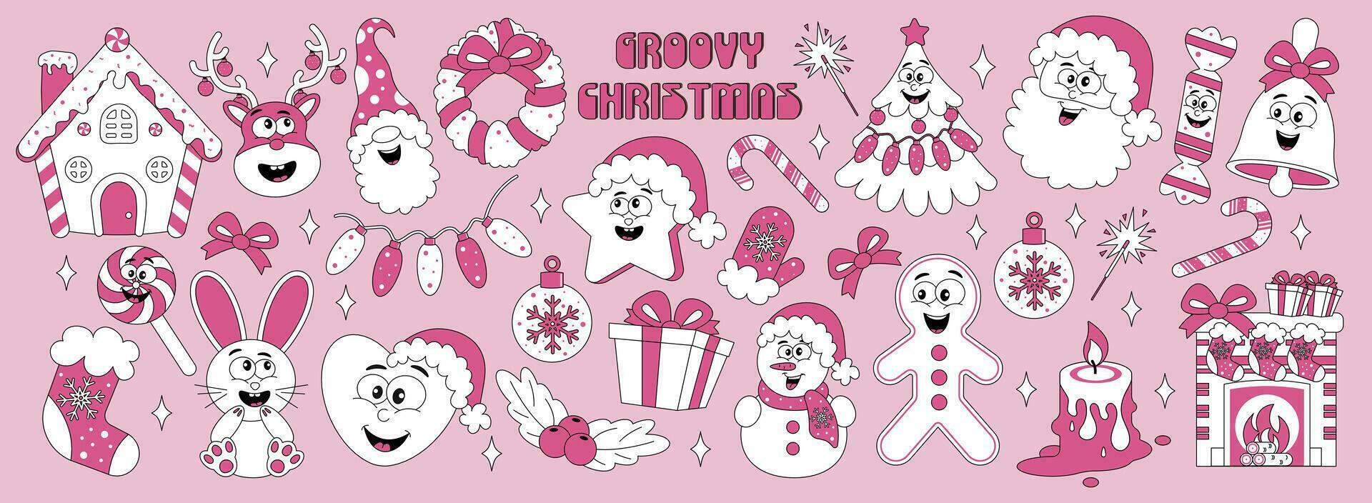 Set of stickers with retro cartoon characters New Year, Christmas. Vector illustration in pink colors in 80s, 90s style.