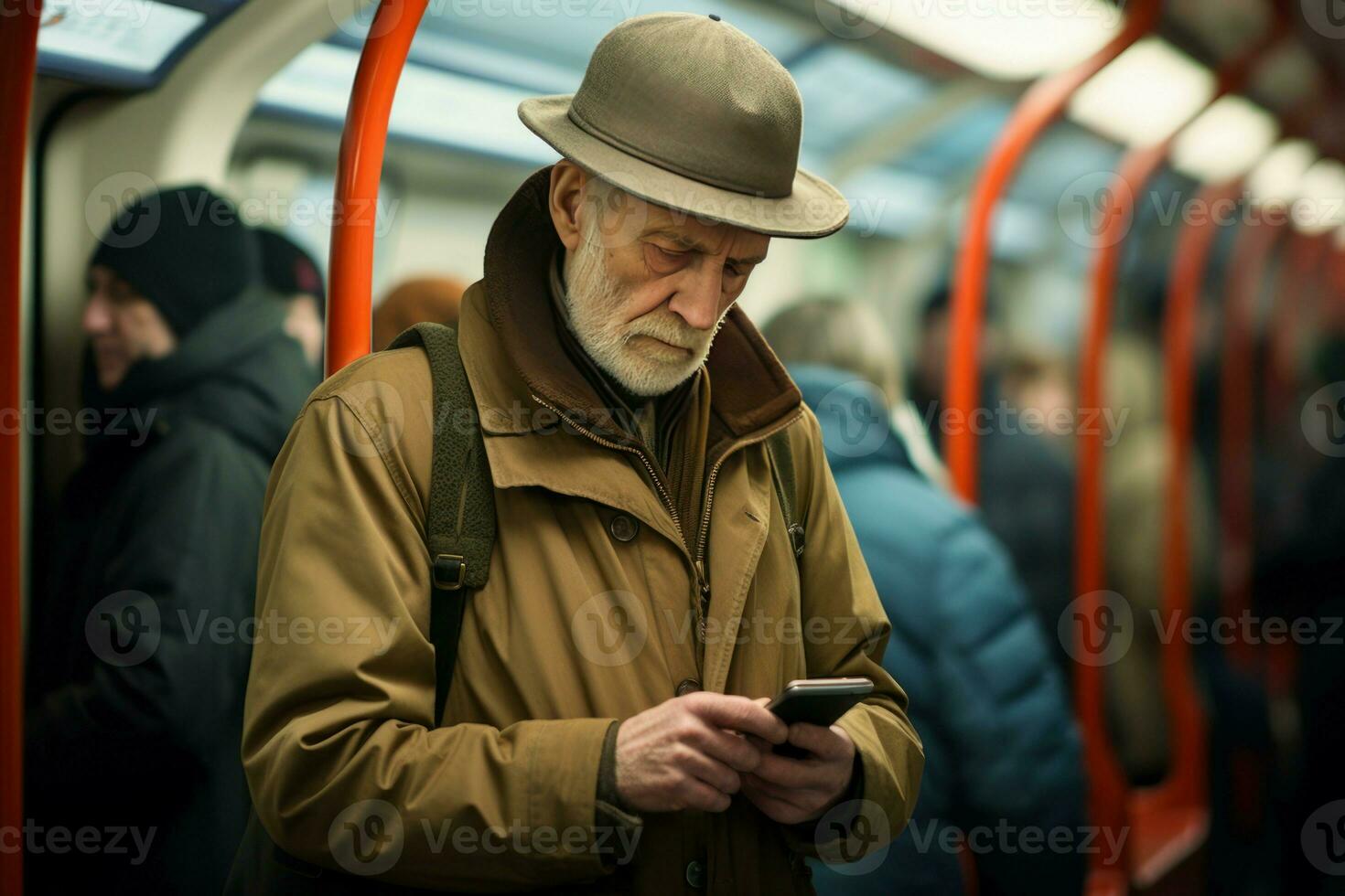 Old man London subway metro. Generate Ai photo