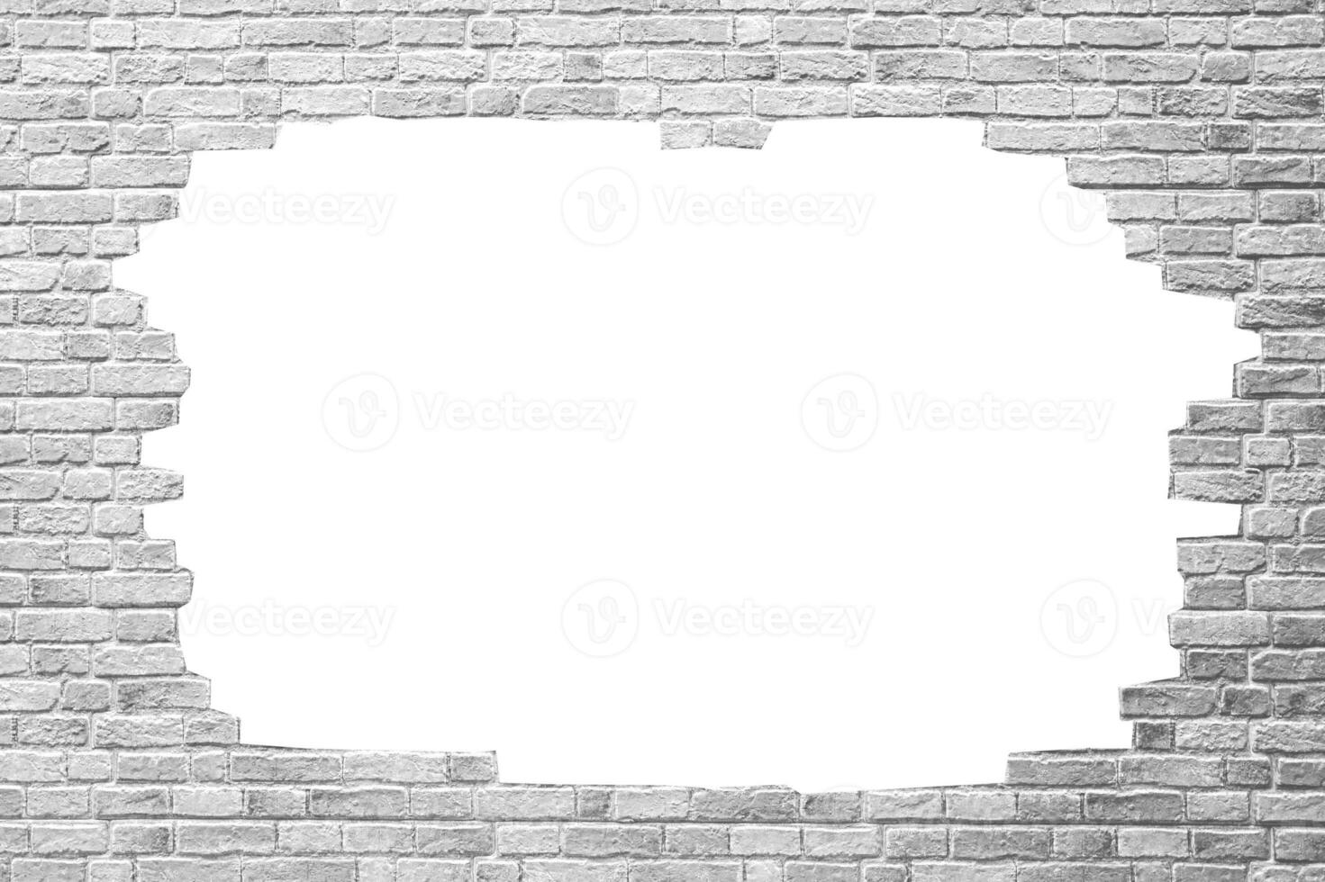 Brick wall with white hole, antique old grunge white and gray texture background. photo