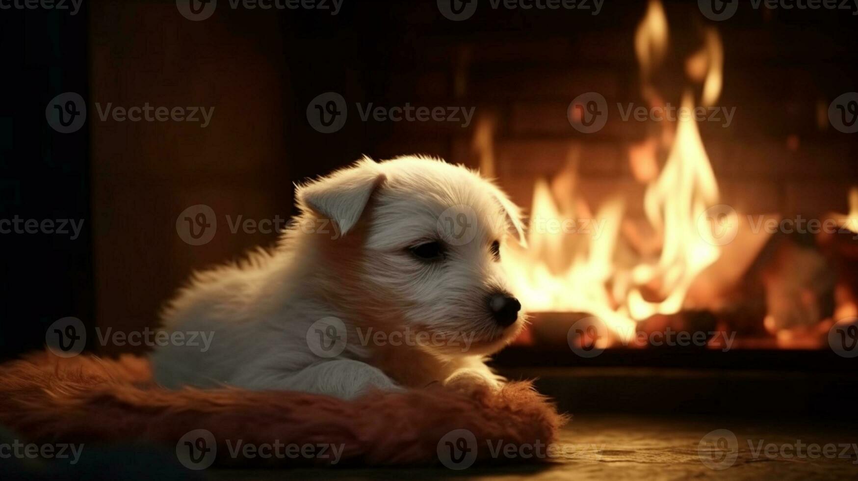 Dreaming puppy next to the glowing fire AI Generated photo