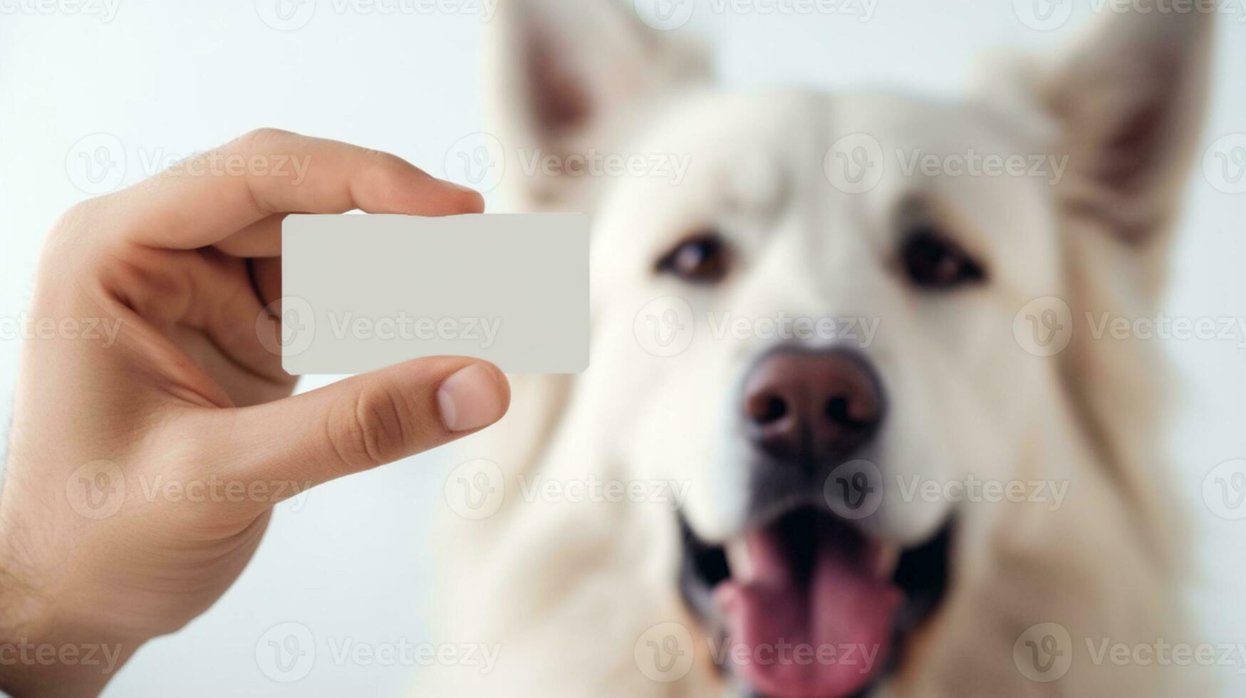 Man and dog holding white business card on white wall background AI Generated photo